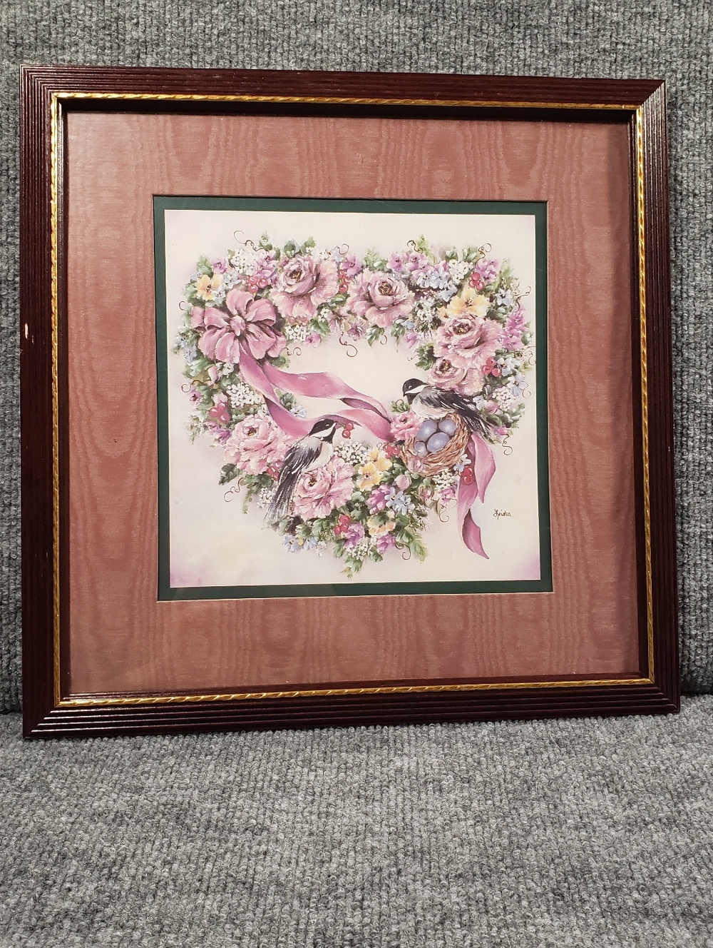 Vintage 1980s Chickadees Flowers Heart Wreath Picture Print-Grandmacore